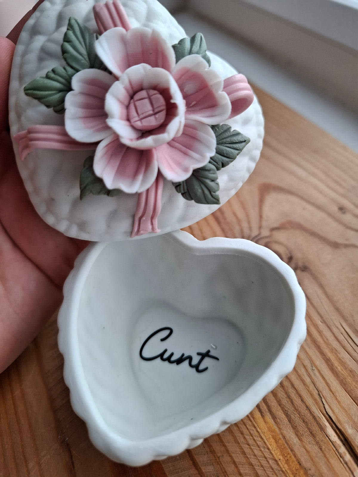'Cunt' Upcycled Heart Shaped Pink Rose Trinket Pot