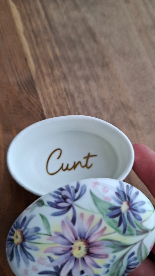 'Cunt' Upcycled Small Oval Shaped Purple Floral Trinket Pot
