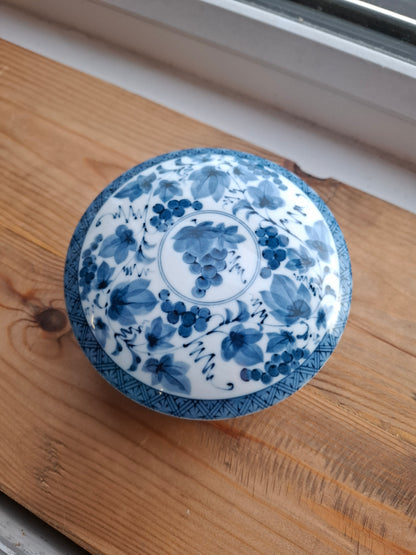 'Beef Curtains' Upcycled Large Round Blue/White Trinket Pot