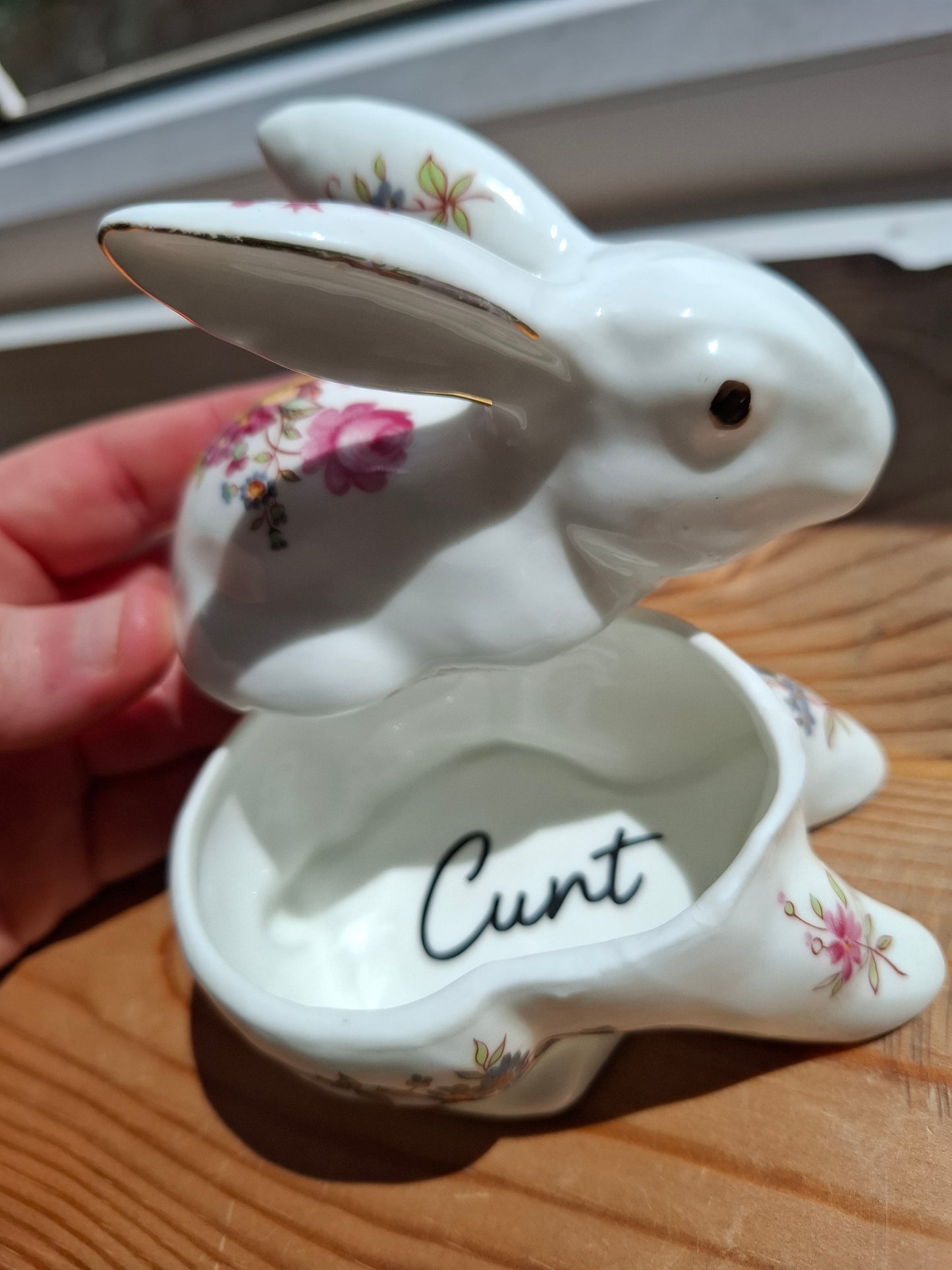 'Cunt' Upcycled White Floral Rabbit Trinket Pot
