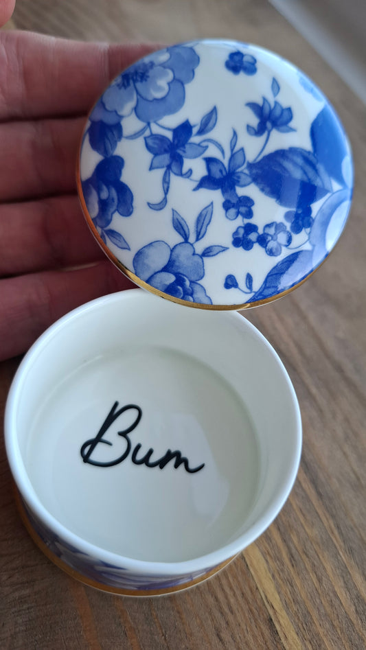 'Bum Hole' Upcycled Blue And White Pattern Trinket Pot