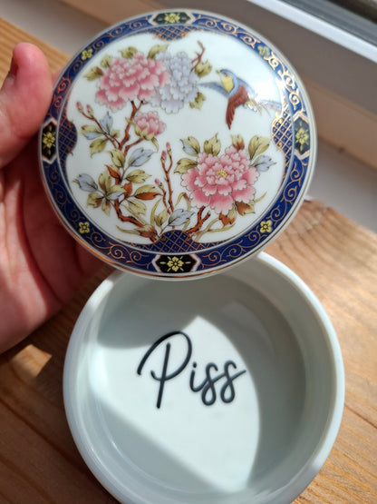 'Piss Flaps' Upcycled Round Bird Trinket Pot