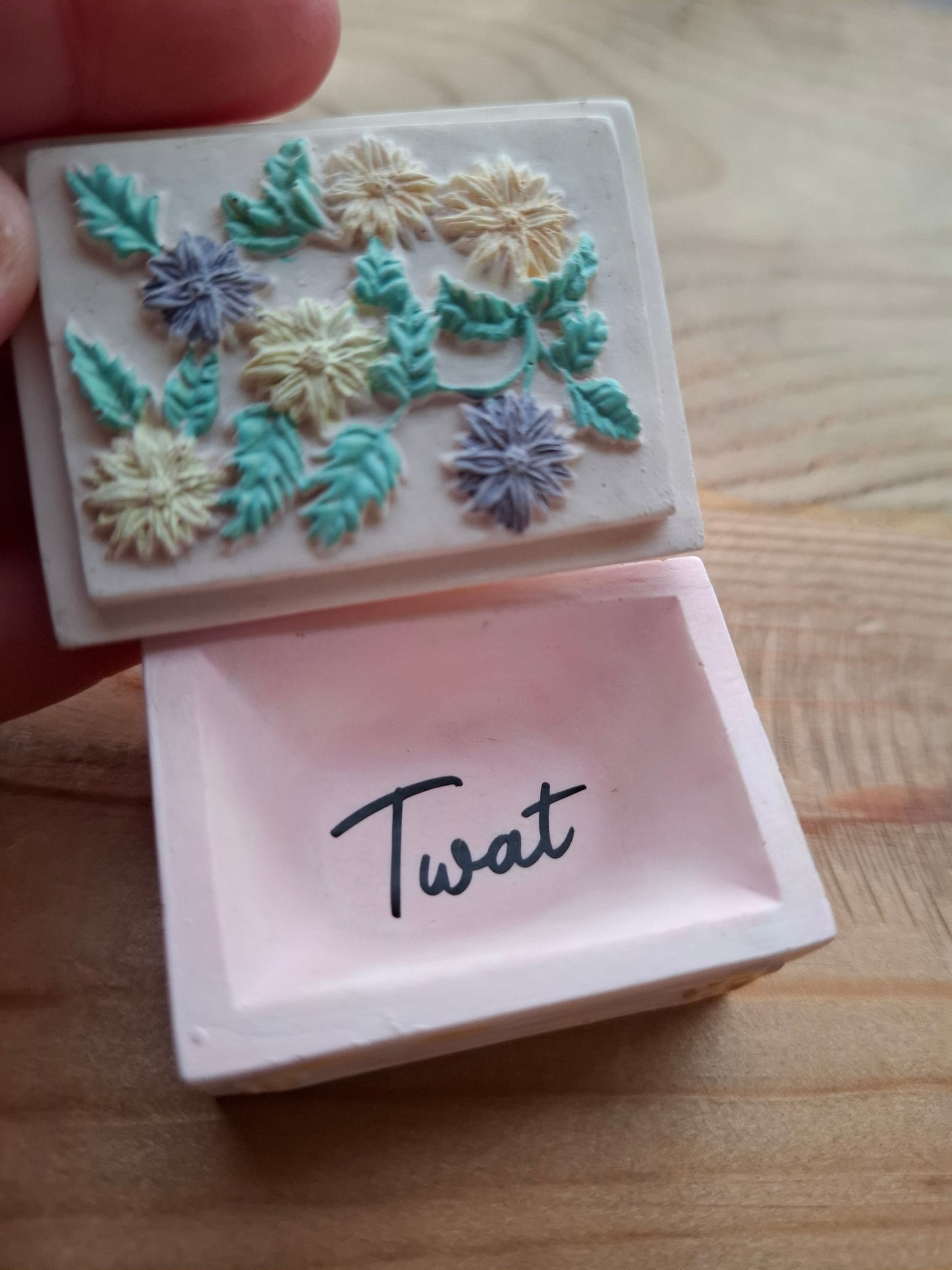 'Twat' Upcycled Small Rectangular Cream/Pinky Trinket Pot