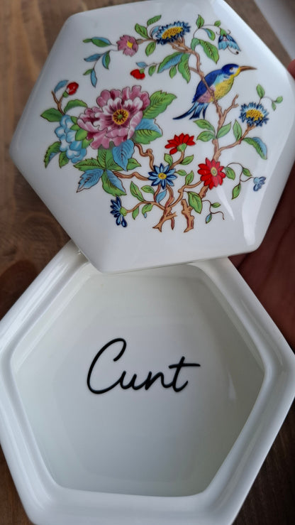 'Cunt' Upcycled Large Aynsley Hexagon Shaped Trinket Pot