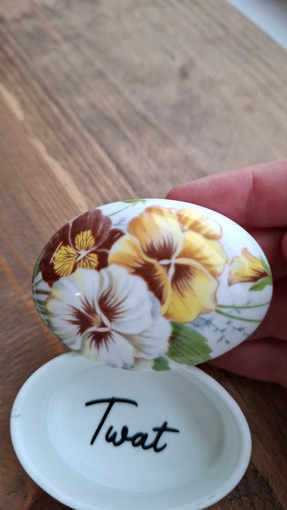 'Twat' Upcycled Small Oval Shaped Yellowy Floral Trinket Pot