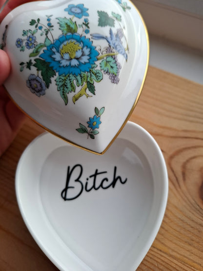'Bitch' Upcycled Heart Shaped Floral Trinket Pot
