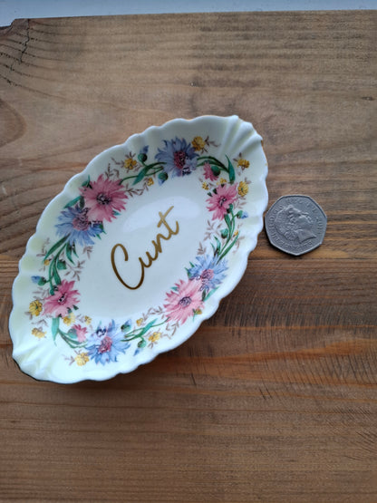 'Cunt' Upcycled Frilly Floral Trinket Dish  (DISCOUNTED)