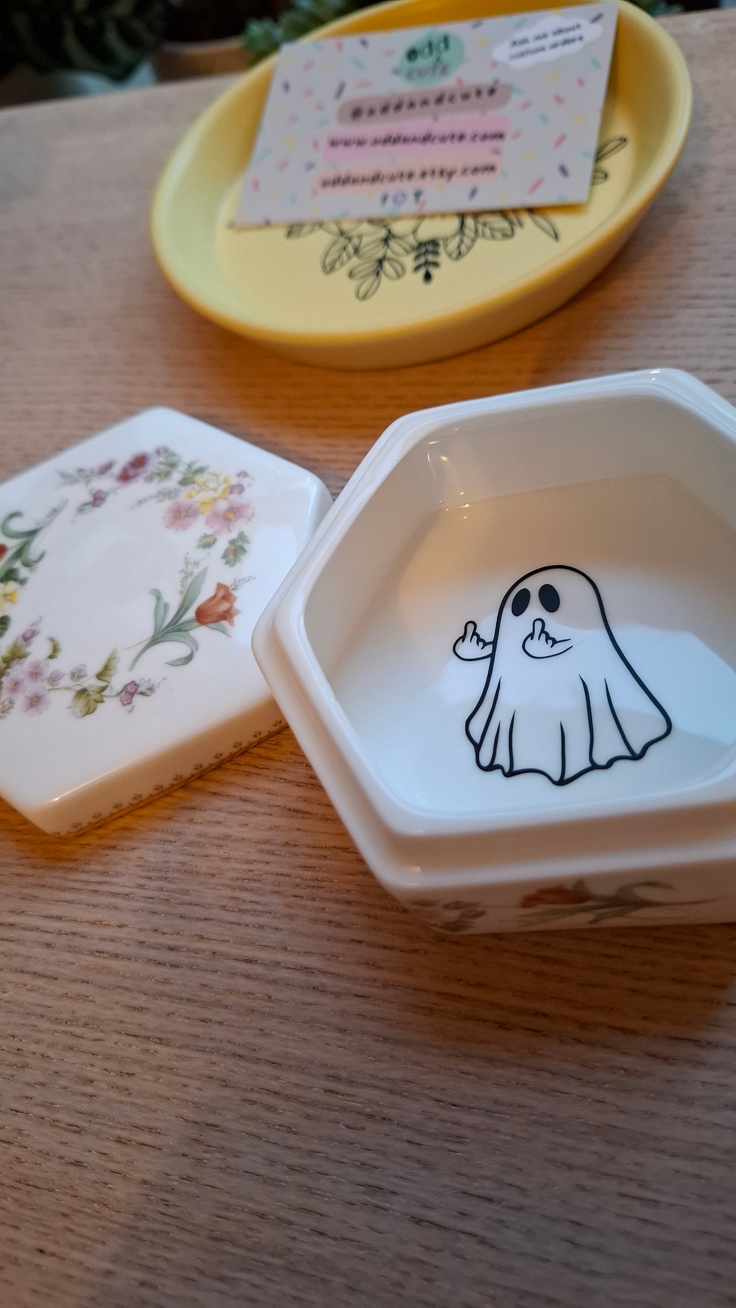 'Rude Ghost' Upcycled Hexagon Floral Trinket Pot