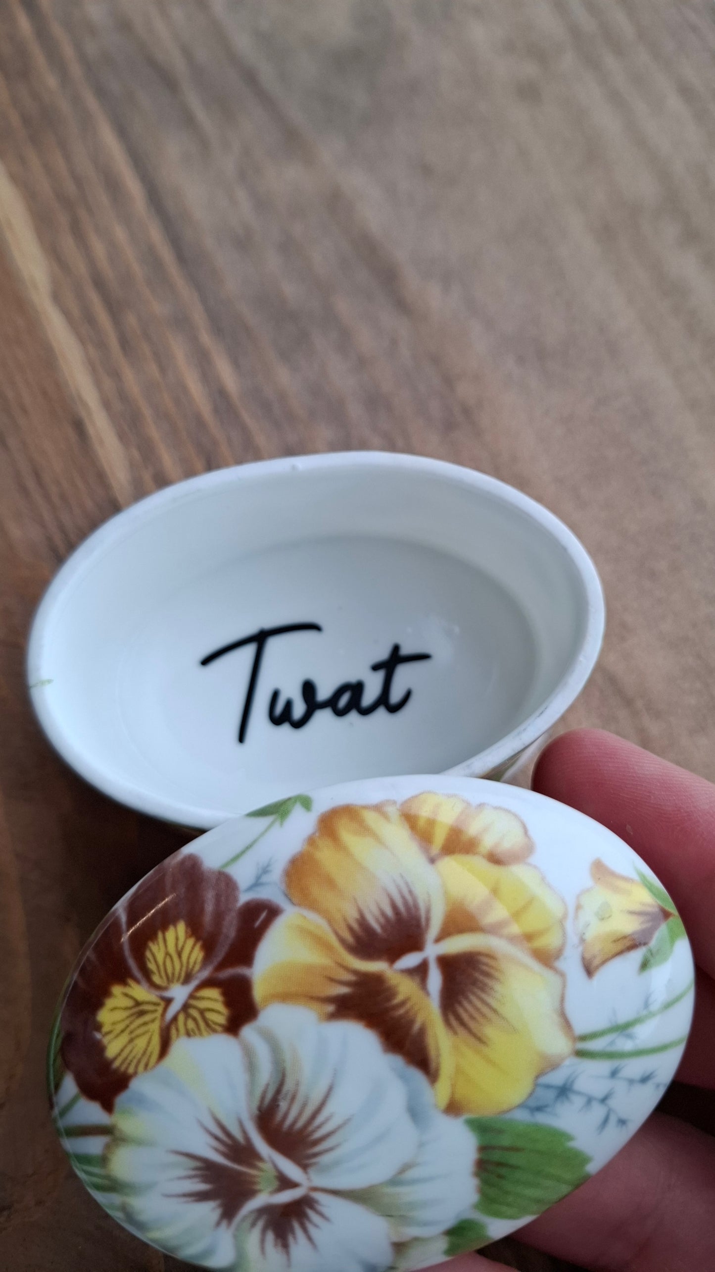 'Twat' Upcycled Small Oval Shaped Yellowy Floral Trinket Pot
