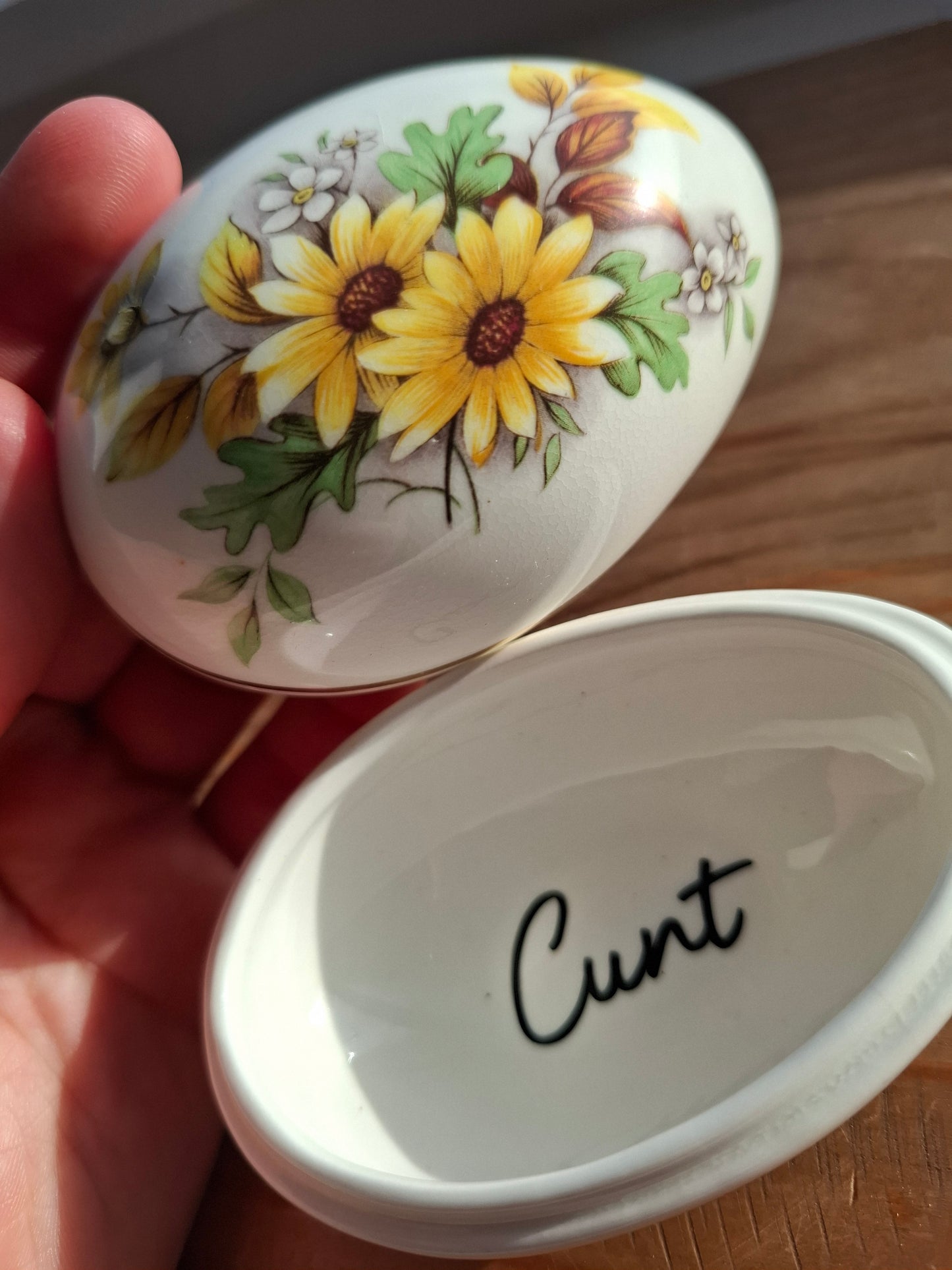 'Cunt' Upcycled Small Sunflower Egg Shaped Trinket Pot