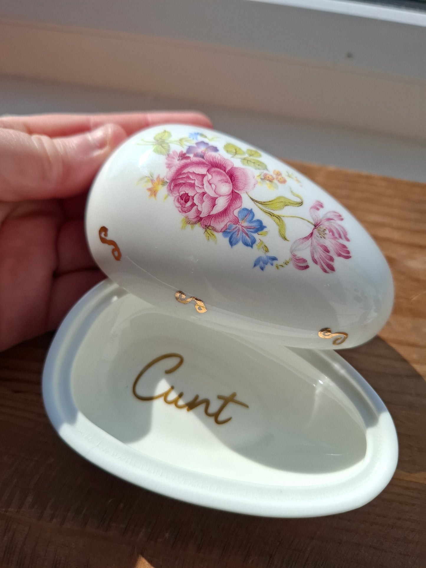 'Cunt' Upcycled Floral Egg Shaped Trinket Pot