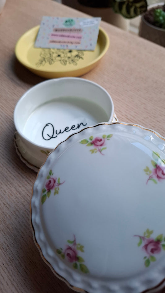 'Queen Cunt' Upcycled Round White and Floral Trinket Pot