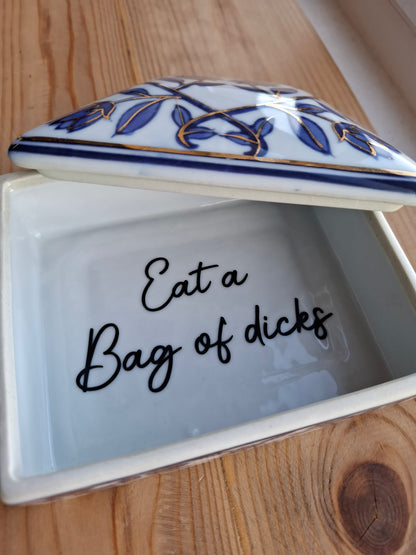 'Eat A Bag Of Dicks' Large Upcycled Blue/White Ceramic Pot