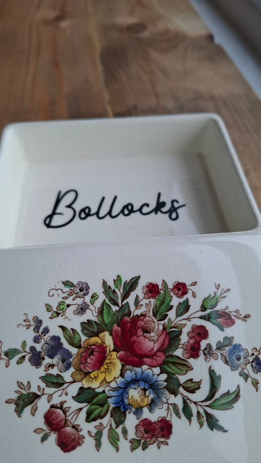'Bollocks' Floral Rectangular Trinket Pot (CHEAPER DUE TO CRACKLE/STAINING)