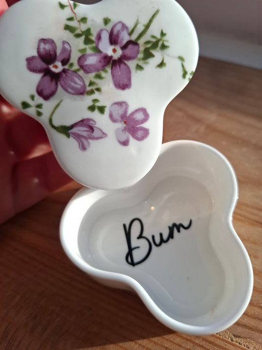 'Bum Hole' Upcycled Unusual Shape Purple Floral Trinket Pot
