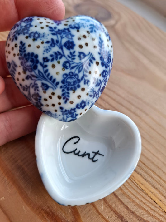 'Cunt' Upcycled Small Heart Blue/White Dotty Trinket Pot