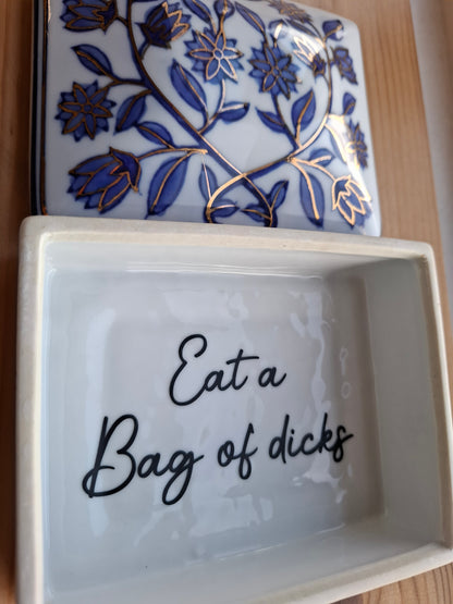 'Eat A Bag Of Dicks' Large Upcycled Blue/White Ceramic Pot