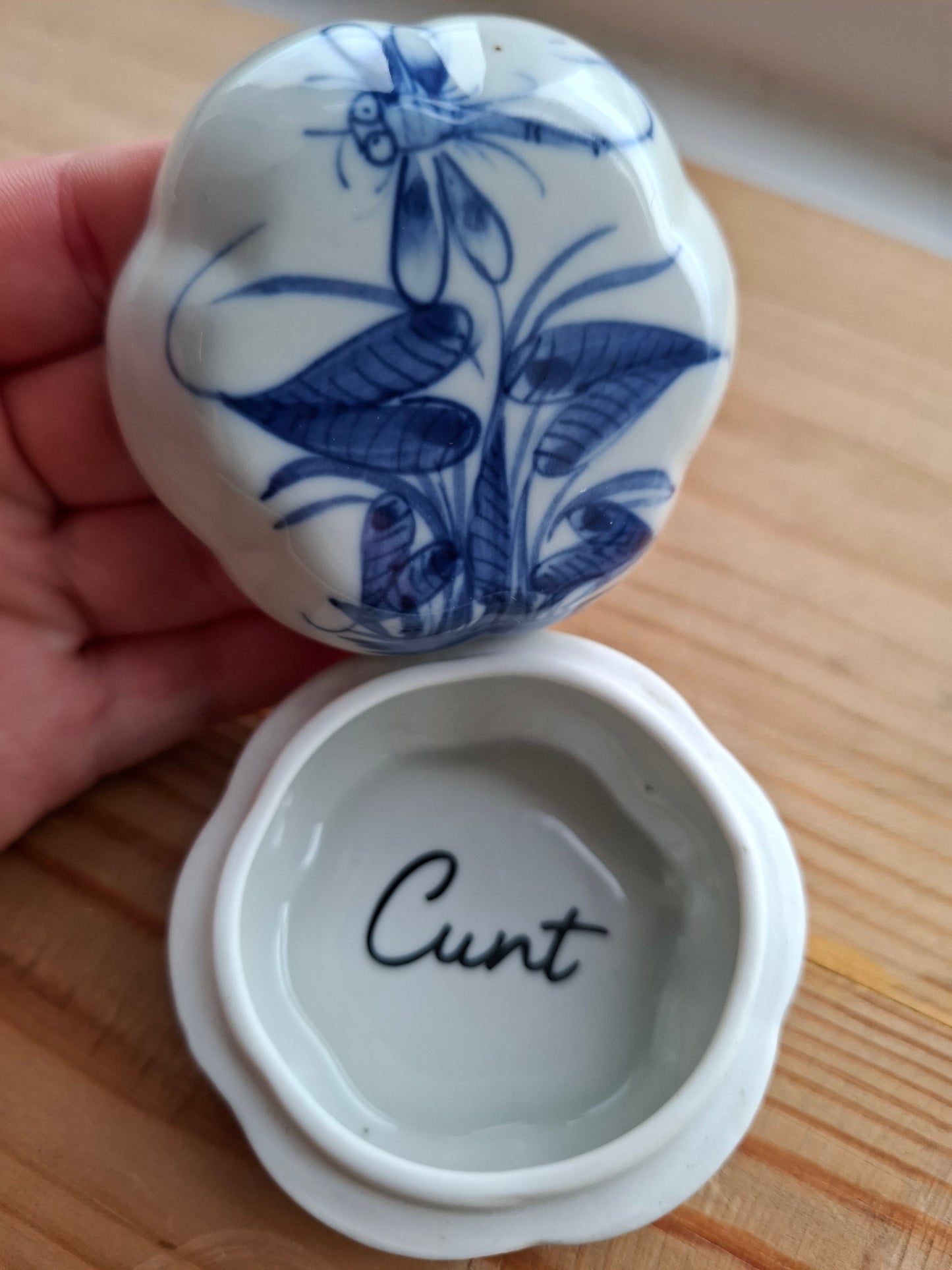 'Cunt' Upcycled Blue & White Dragonfly Trinket Pot