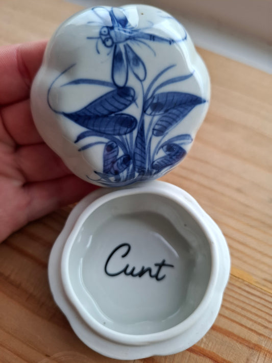 'Cunt' Upcycled Blue & White Dragonfly Trinket Pot