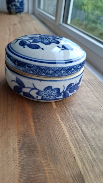 'Fanny Flaps' Upcycled Large Blue And White Round Trinket Pot