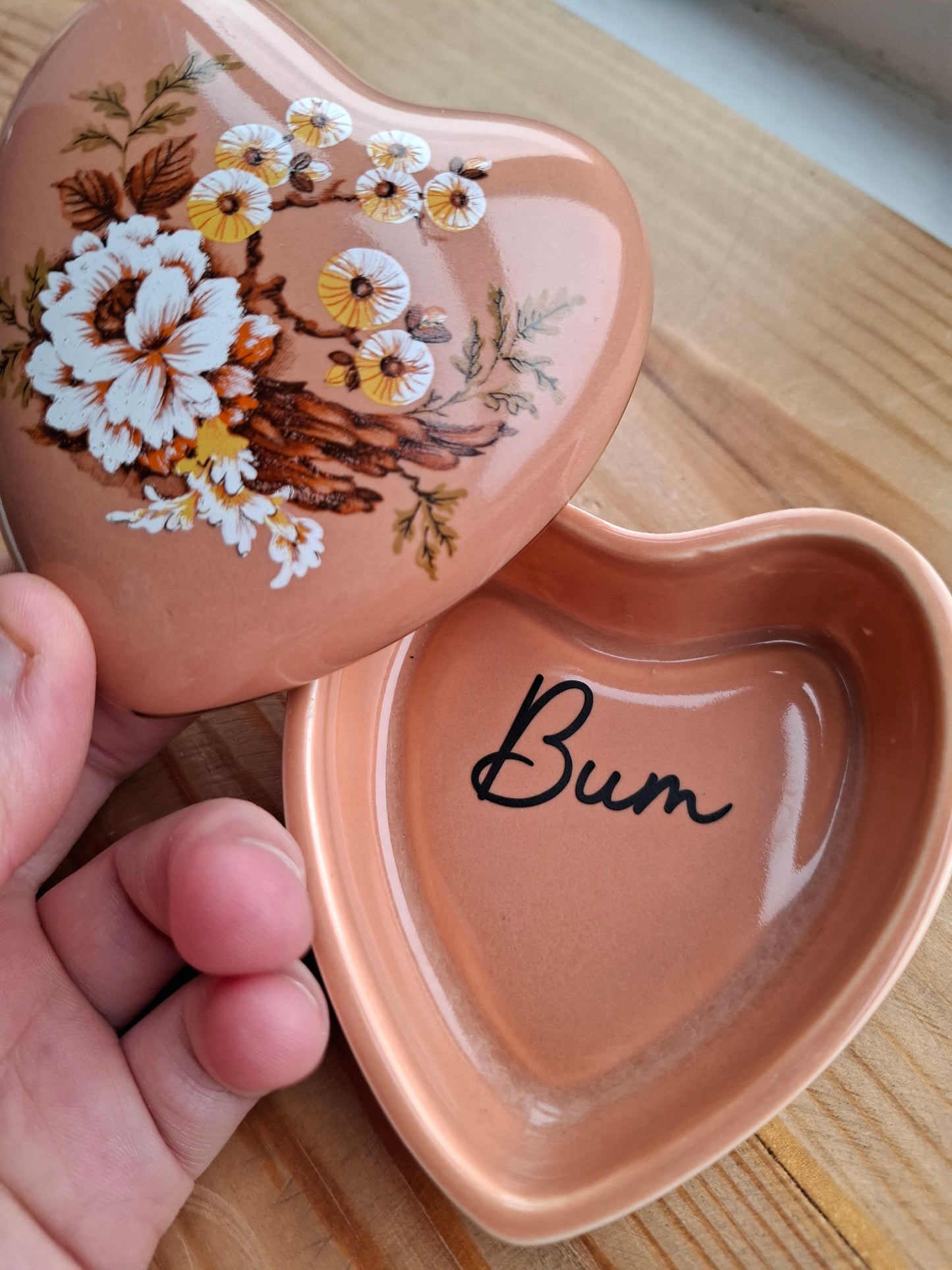 'Bum Flaps' Upcycled Brown Heart Shaped Trinket Pot