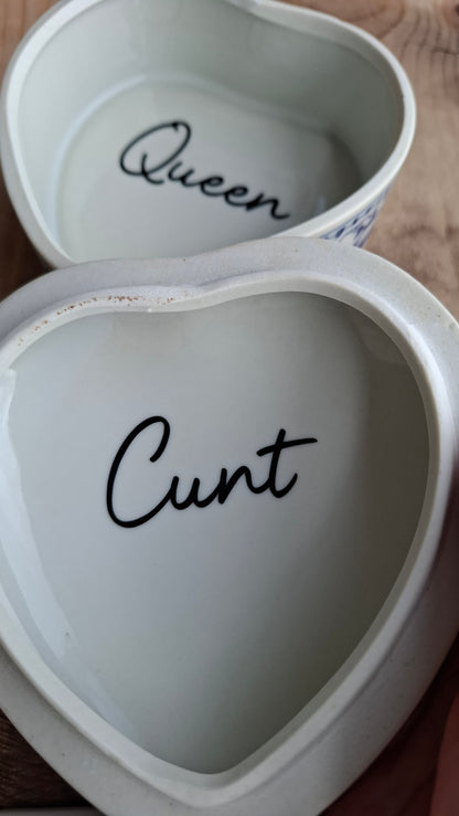'Queen Cunt' Upcycled Large Pretty Blue/White Heart Trinket Pot
