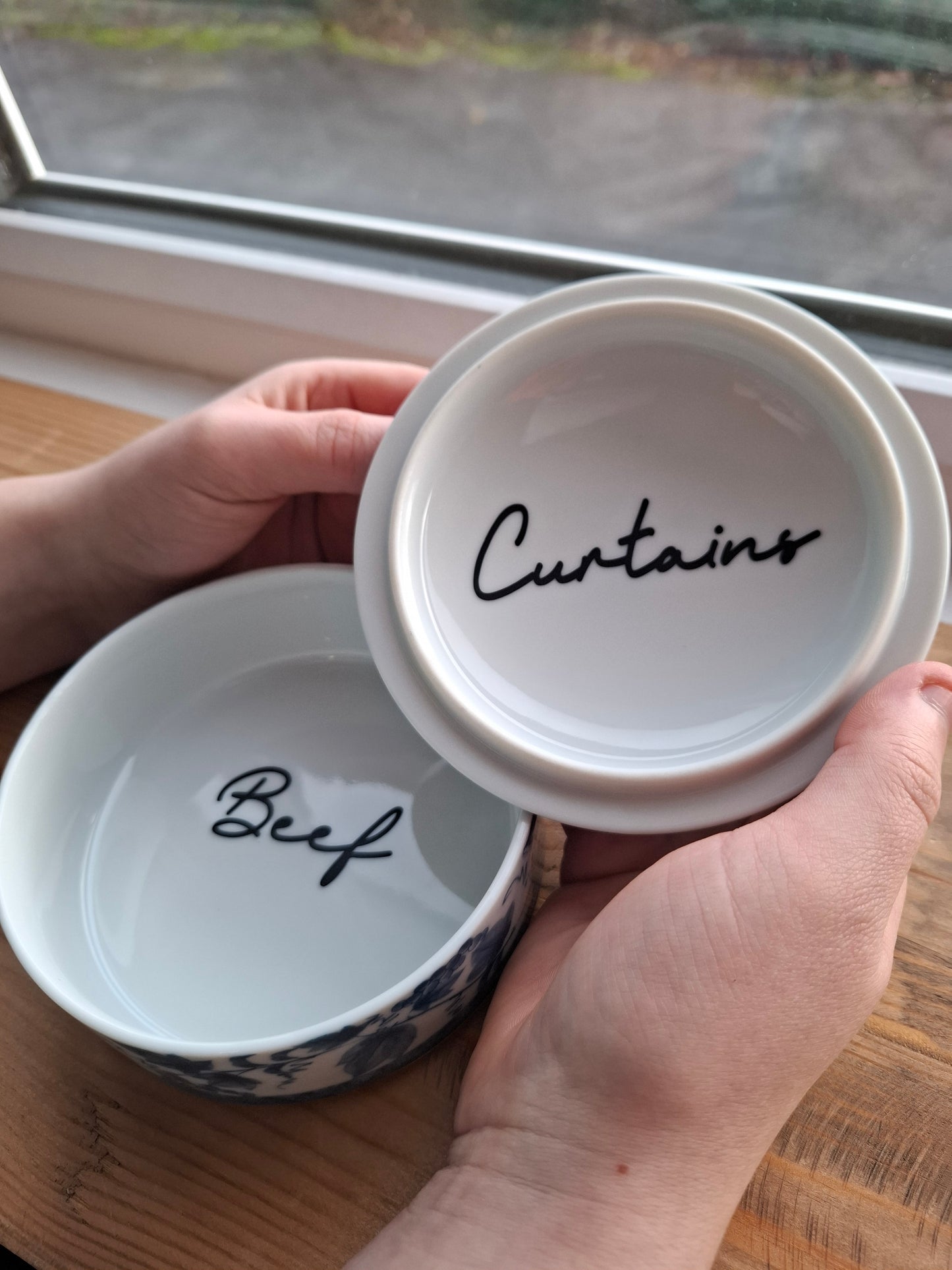 'Beef Curtains' Upcycled Large Round Blue/White Trinket Pot