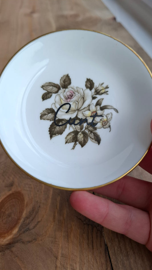'Cunt' Upcycled Round Floral Small Trinket Dish (Grey Rose)