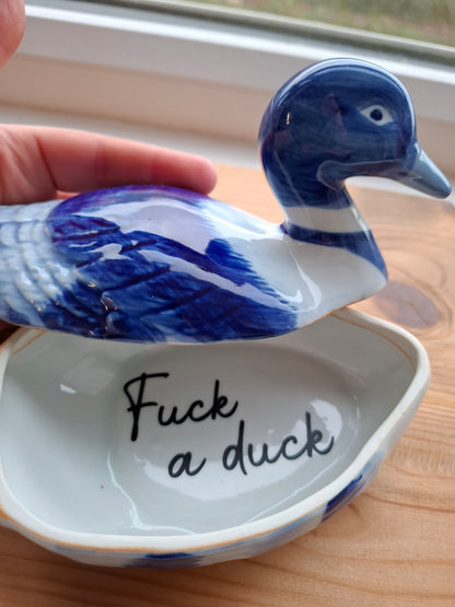 'Fuck A Duck' Upcycled Blue and White Duck Trinket Pot
