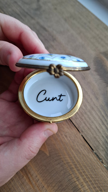 'Cunt' Upcycled Blue/White with Clasp Trinket Pot