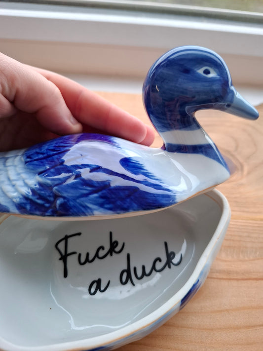 'Fuck A Duck' Upcycled Blue and White Duck Trinket Pot