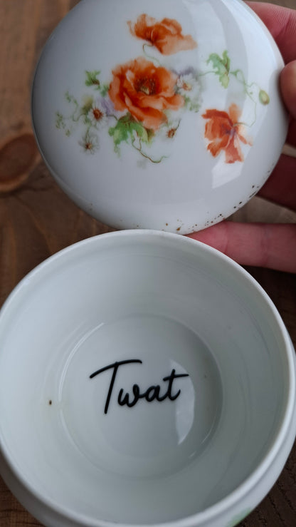 'Twat Flaps' Upcycled White Floral Trinket Pot