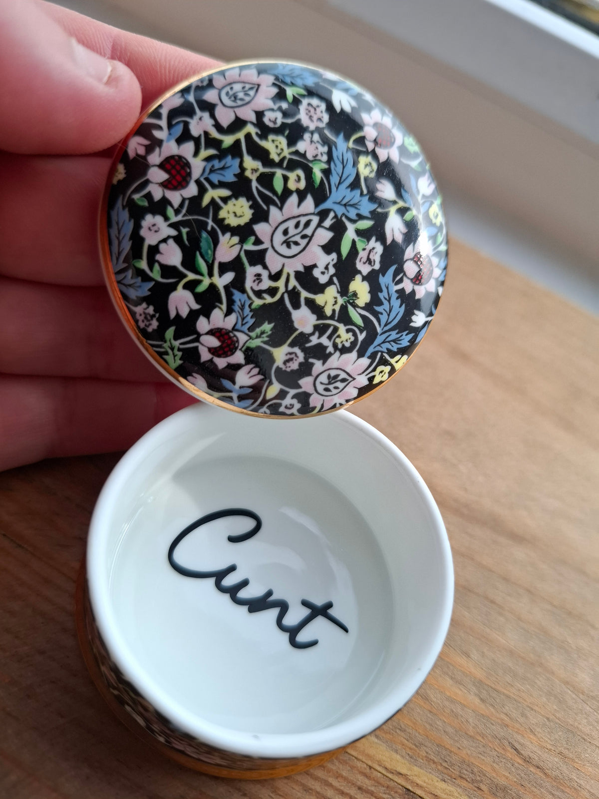 'Cunt' Upcycled Fancy Round Black Floral Trinket Pot