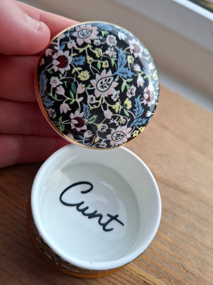 'Cunt' Upcycled Fancy Round Black Floral Trinket Pot