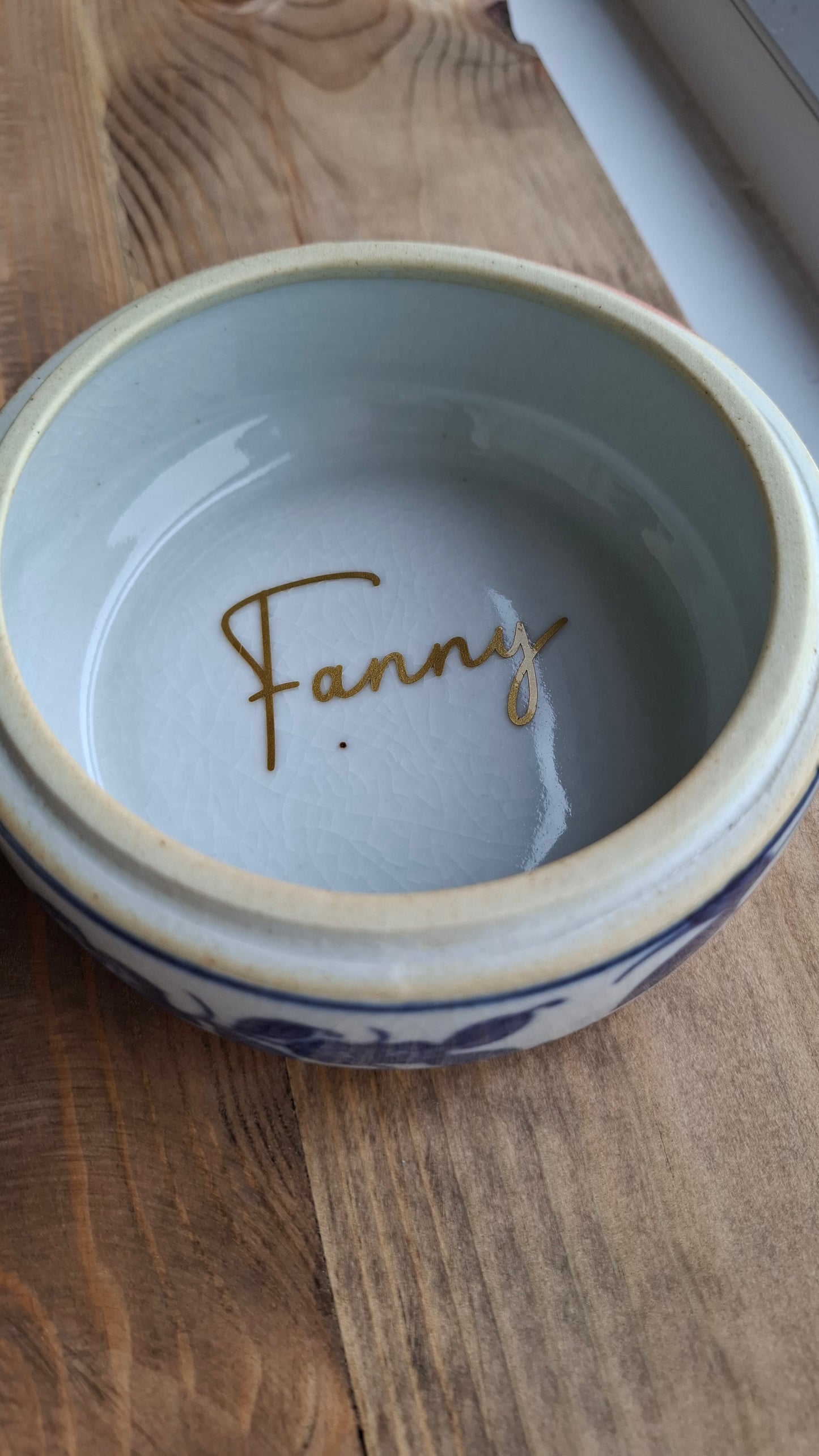 'Fanny Flaps' Upcycled Large Blue And White Round Trinket Pot