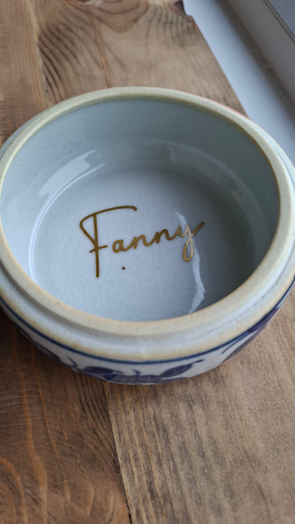 'Fanny Flaps' Upcycled Large Blue And White Round Trinket Pot