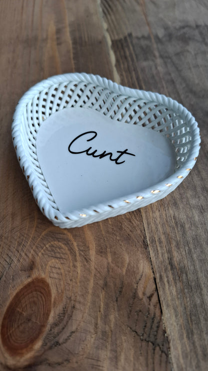 'Cunt' Upcycled White Metal Heart Trinket Pot (HAS SOME DAMAGE - DISCOUNTED)