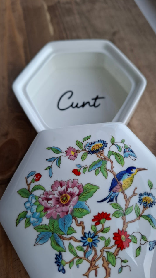'Cunt' Upcycled Large Aynsley Hexagon Shaped Trinket Pot
