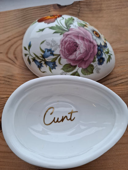 'Cunt' Upcycled Large Floral Egg Shaped Trinket Pot