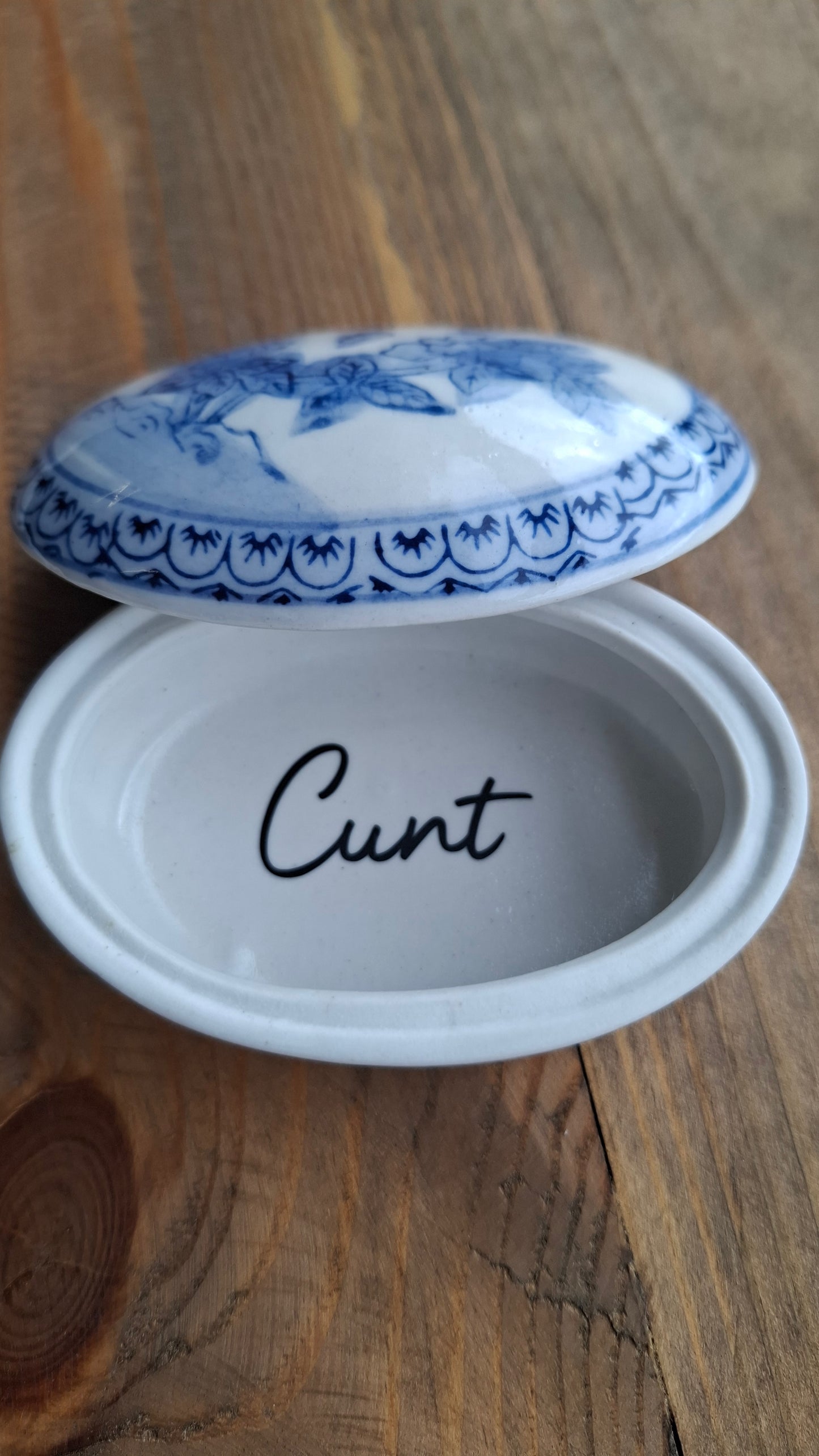 'Cunt' Upcycled Blue & White Floral Oval Trinket Pot