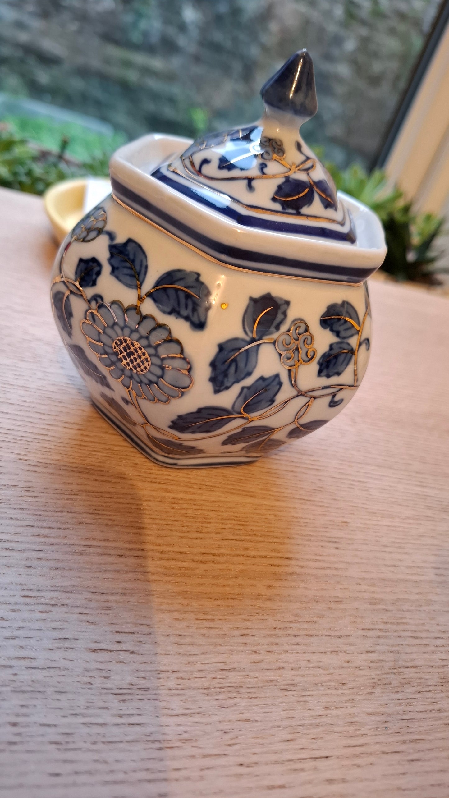 'Twat' Upcycled Blue And White Hexagon Shaped Pot