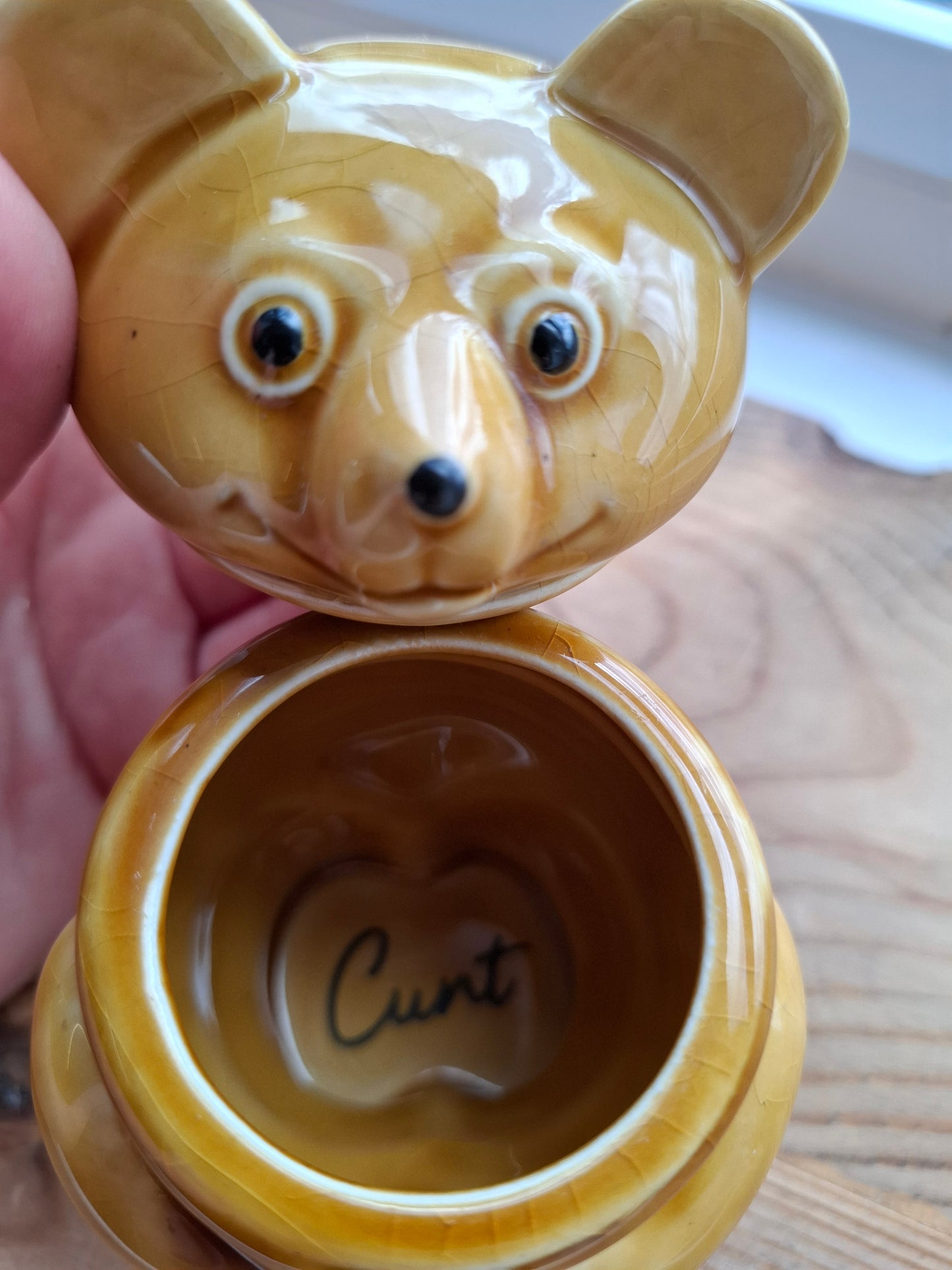 'Cunt' Upcycled Golden Brown Bear Trinket Pot (Crackled Glaze)