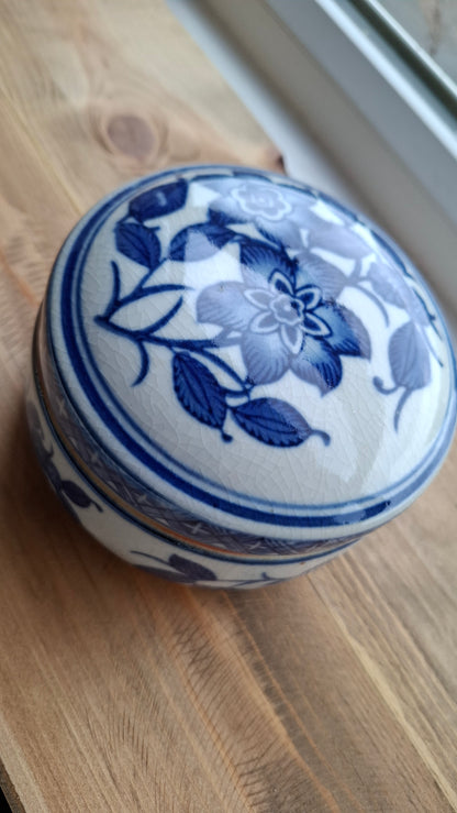 'Fanny Flaps' Upcycled Large Blue And White Round Trinket Pot