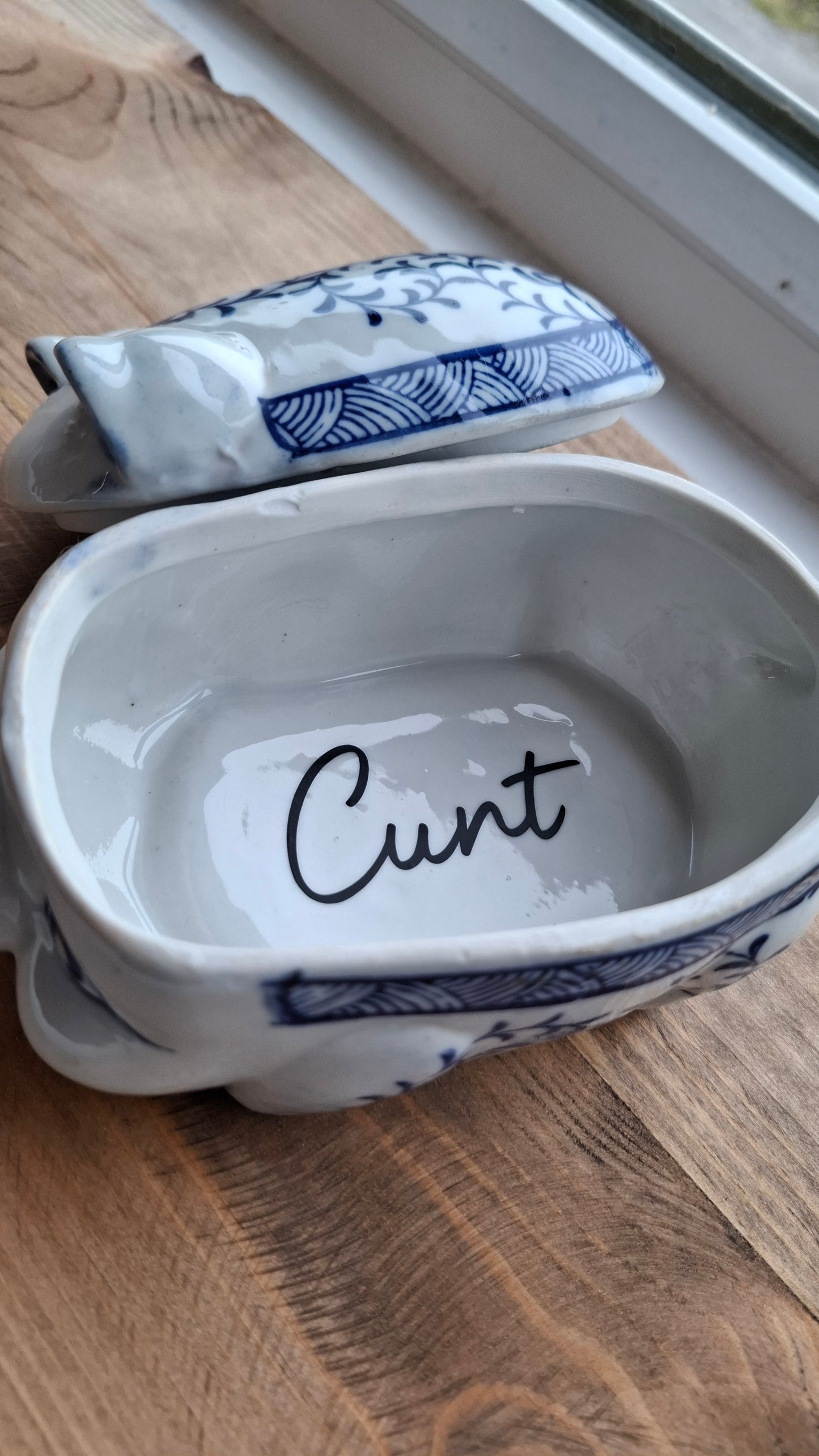 'Cunt' Upcycled White & Blue Chunky Pig Trinket Pot