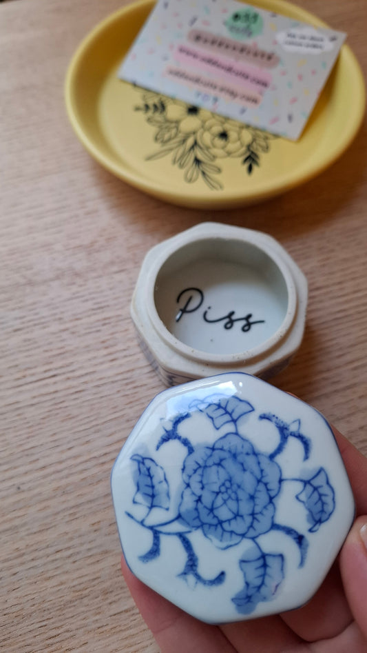 'Piss Flaps' Upcycled Blue And White Octagon Trinket Pot