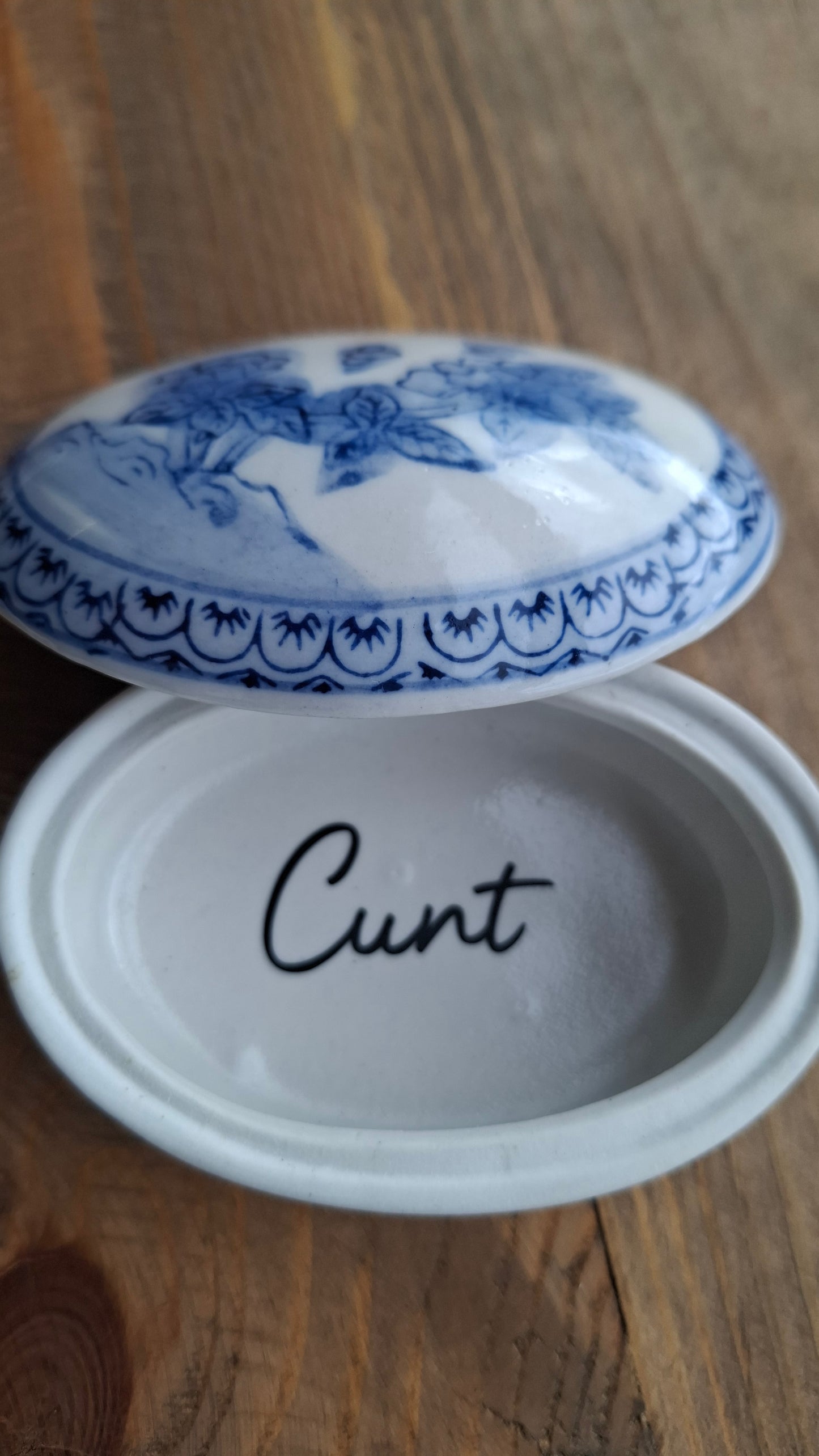 'Cunt' Upcycled Blue & White Floral Oval Trinket Pot