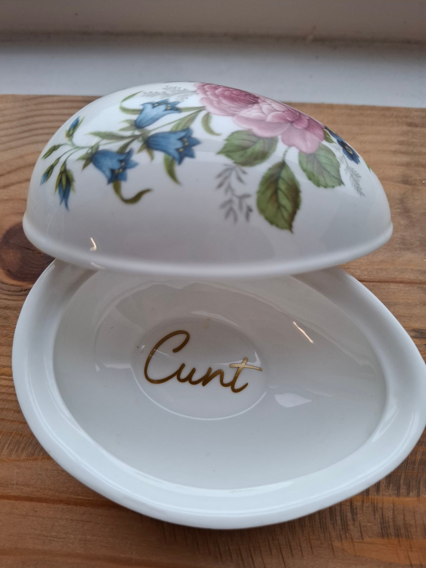 'Cunt' Upcycled Large Floral Egg Shaped Trinket Pot