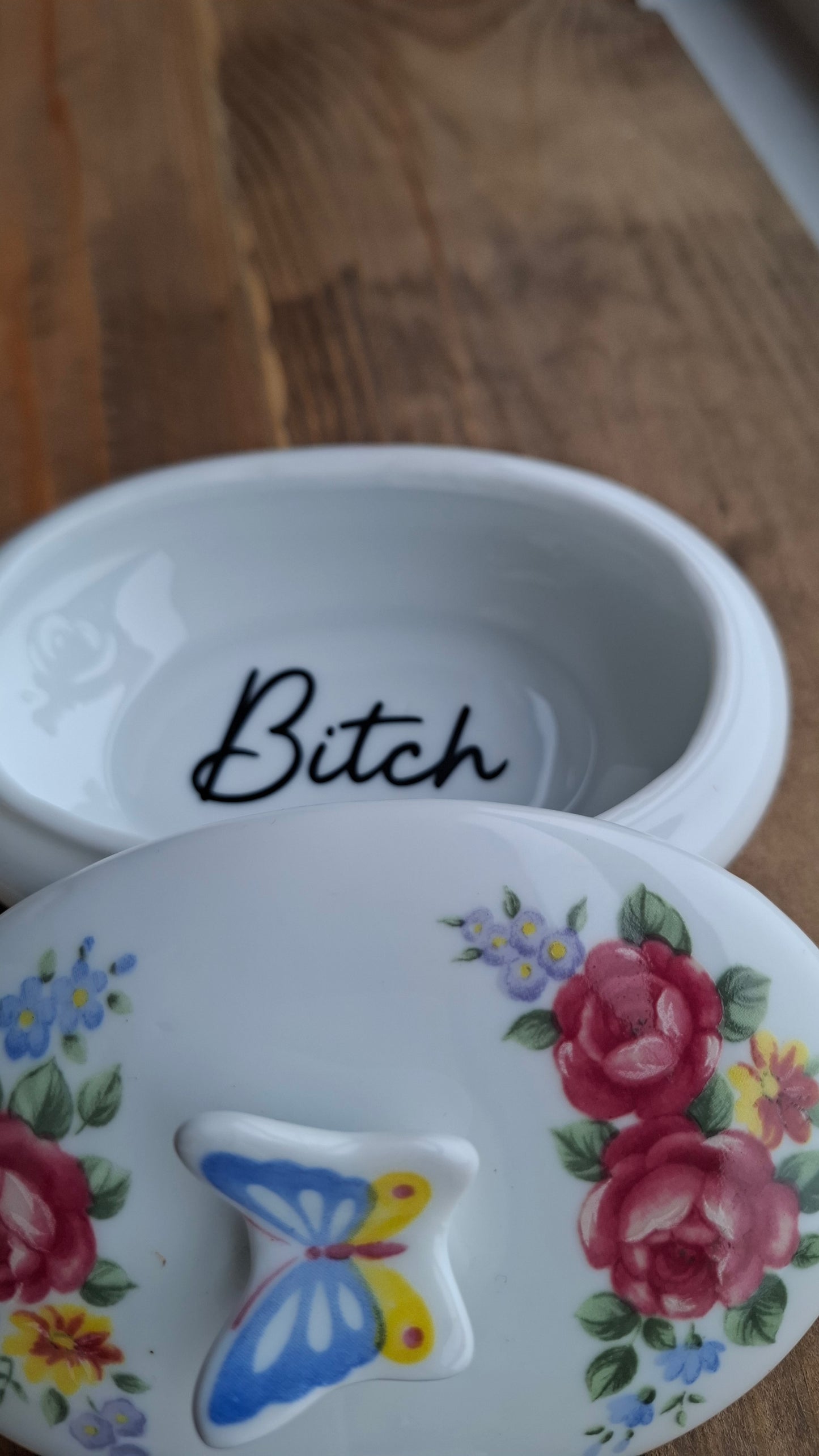 'Bitch' Upcycled Butterfly Floral Trinket Pot