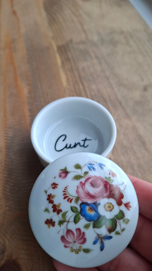 'Cunt' Upcycled Small White Colourful Floral Trinket Pot