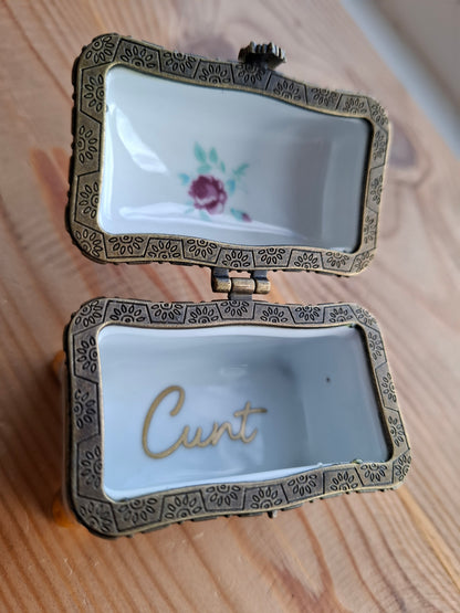 'Cunt' Upcycled Fancy Green Floral Trinket Pot With Clasp & Legs